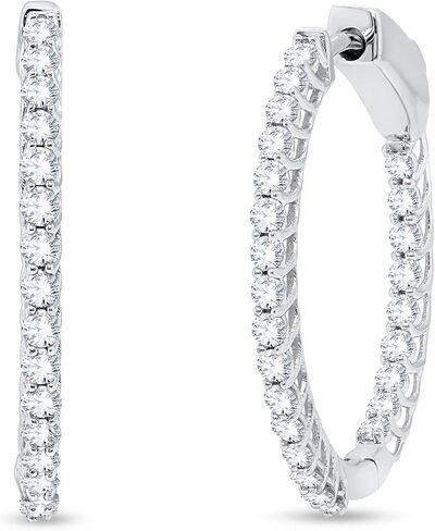 0.75 Carat Lab Grown Diamond Inside-Outside Hoop Earrings in 925 Sterling Silver with 14K White Gold Plating, G–H Color VS–SI Clarity, Thin Round Cut Diamond Hoops for Women in Kuwait
