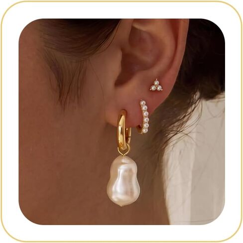 Pearl Earrings Set for Women, Gold Plated Stud Hoop Dangle Earrings | Includes pearl studs, hoops and drop earrings. Lightweight jewelry for weddings, gifting and daily styling. in Saudi Arabia