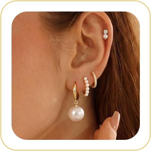 Pearl Earrings Set for Women, Gold Plated Stud Hoop Dangle Earrings | Includes pearl studs, hoops and drop earrings. Lightweight jewelry for weddings, gifting and daily styling. in Saudi Arabia