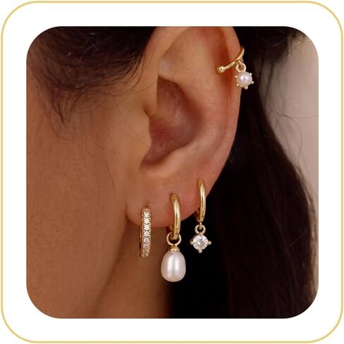 Pearl Earrings Set for Women, Gold Plated Stud Hoop Dangle Earrings | Includes pearl studs, hoops and drop earrings. Lightweight jewelry for weddings, gifting and daily styling. in Saudi Arabia