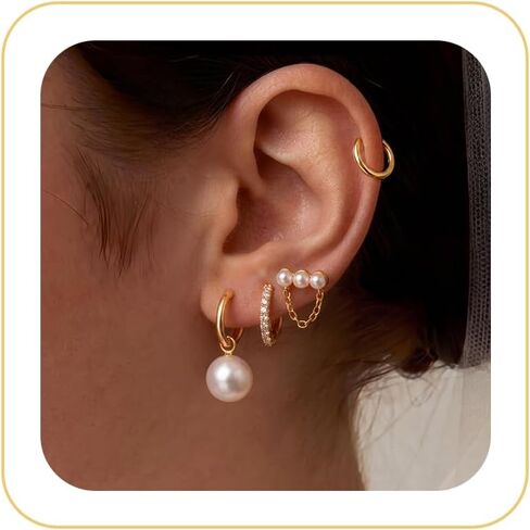Pearl Earrings Set for Women, Gold Plated Stud Hoop Dangle Earrings | Includes pearl studs, hoops and drop earrings. Lightweight jewelry for weddings, gifting and daily styling. in Saudi Arabia