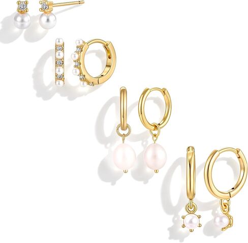 Pearl Earrings Set for Women, Gold Plated Stud Hoop Dangle Earrings | Includes pearl studs, hoops and drop earrings. Lightweight jewelry for weddings, gifting and daily styling. in Saudi Arabia