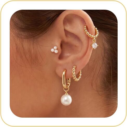 Pearl Earrings Set for Women, Gold Plated Stud Hoop Dangle Earrings | Includes pearl studs, hoops and drop earrings. Lightweight jewelry for weddings, gifting and daily styling. in Saudi Arabia