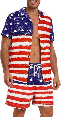 Century Star American Flag Suit for Men Hawaiian Beach Outfits Short Sleeve Summer Vacation Hawaii Shirt & Swim Trunks Set in Kuwait