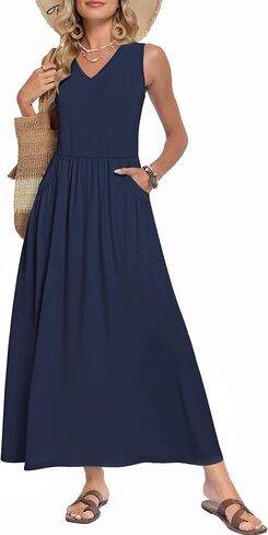 WNEEDU Women's Summer Maxi Dress 2026 Casual Sleeveless V Neck Flowy Elastic Waist Beach Vacation Sundress with Pockets in Saudi Arabia