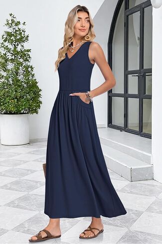 WNEEDU Women's Summer Maxi Dress 2026 Casual Sleeveless V Neck Flowy Elastic Waist Beach Vacation Sundress with Pockets in Saudi Arabia