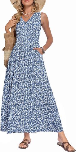 WNEEDU Women's Summer Maxi Dress 2026 Casual Sleeveless V Neck Flowy Elastic Waist Beach Vacation Sundress with Pockets in Saudi Arabia