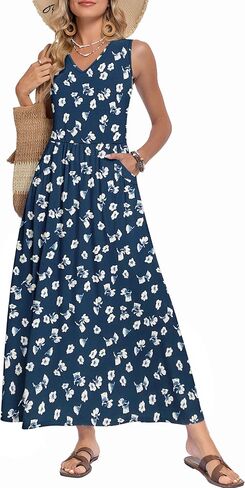 WNEEDU Women's Summer Maxi Dress 2026 Casual Sleeveless V Neck Flowy Elastic Waist Beach Vacation Sundress with Pockets in Saudi Arabia