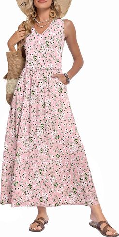 WNEEDU Women's Summer Maxi Dress 2026 Casual Sleeveless V Neck Flowy Elastic Waist Beach Vacation Sundress with Pockets in Saudi Arabia