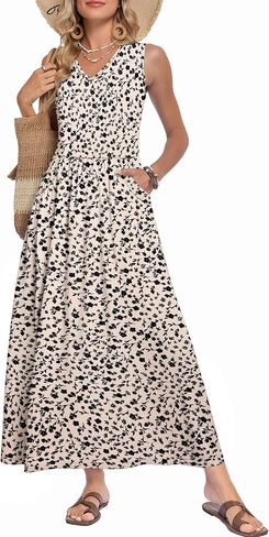 WNEEDU Women's Summer Maxi Dress 2026 Casual Sleeveless V Neck Flowy Elastic Waist Beach Vacation Sundress with Pockets in Saudi Arabia