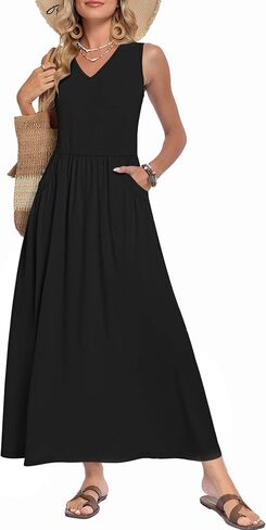 WNEEDU Women's Summer Maxi Dress 2026 Casual Sleeveless V Neck Flowy Elastic Waist Beach Vacation Sundress with Pockets in Saudi Arabia