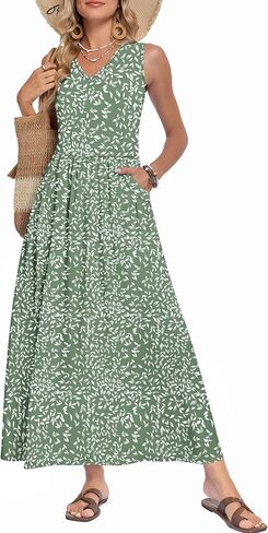 WNEEDU Women's Summer Maxi Dress 2026 Casual Sleeveless V Neck Flowy Elastic Waist Beach Vacation Sundress with Pockets in Saudi Arabia