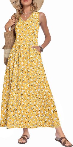WNEEDU Women's Summer Maxi Dress 2026 Casual Sleeveless V Neck Flowy Elastic Waist Beach Vacation Sundress with Pockets in Saudi Arabia