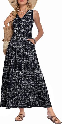 WNEEDU Women's Summer Maxi Dress 2026 Casual Sleeveless V Neck Flowy Elastic Waist Beach Vacation Sundress with Pockets in Saudi Arabia