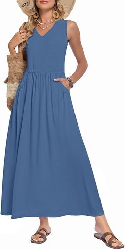 WNEEDU Women's Summer Maxi Dress 2026 Casual Sleeveless V Neck Flowy Elastic Waist Beach Vacation Sundress with Pockets in Saudi Arabia