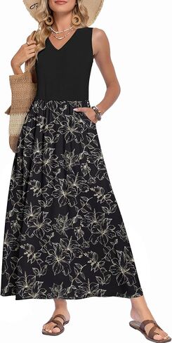 WNEEDU Women's Summer Maxi Dress 2026 Casual Sleeveless V Neck Flowy Elastic Waist Beach Vacation Sundress with Pockets in Saudi Arabia