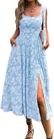 Mieazom Women's Summer Floral Boho Flowy Slit Maxi Dress Square Neck Drop Waist Beach Vacation Long Sundress with Pockets in Saudi Arabia