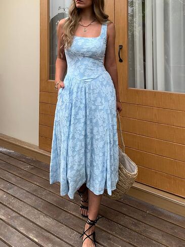 Mieazom Women's Summer Floral Boho Flowy Slit Maxi Dress Square Neck Drop Waist Beach Vacation Long Sundress with Pockets in Saudi Arabia