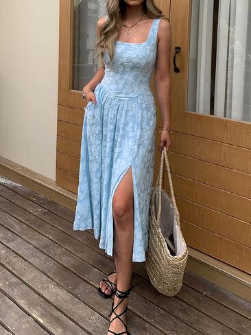 Mieazom Women's Summer Floral Boho Flowy Slit Maxi Dress Square Neck Drop Waist Beach Vacation Long Sundress with Pockets in Saudi Arabia