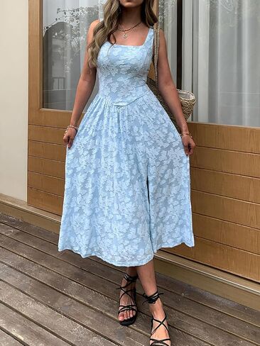 Mieazom Women's Summer Floral Boho Flowy Slit Maxi Dress Square Neck Drop Waist Beach Vacation Long Sundress with Pockets in Saudi Arabia