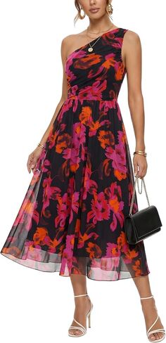 One Shoulder Midi Floral Dresses for Women Sleeveless Asymmetric Rouched Mesh Knit Dresses for Summer Fall in Saudi Arabia