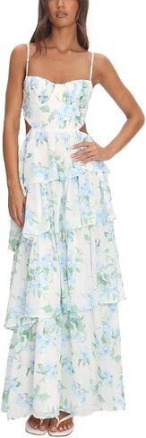 Women Maxi Sundress Long Floral Dresses Sleeveless Spaghetti Strap Backless Flowy Ruffle Layered Beach Vacation Dress in Saudi Arabia