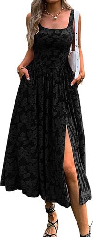 Mieazom Women's Summer Floral Boho Flowy Slit Maxi Dress Square Neck Drop Waist Beach Vacation Long Sundress with Pockets in Saudi Arabia