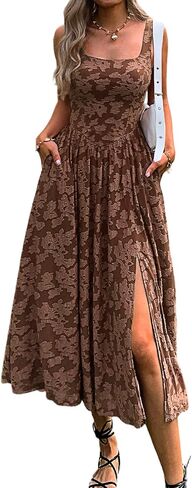 Mieazom Women's Summer Floral Boho Flowy Slit Maxi Dress Square Neck Drop Waist Beach Vacation Long Sundress with Pockets in Saudi Arabia