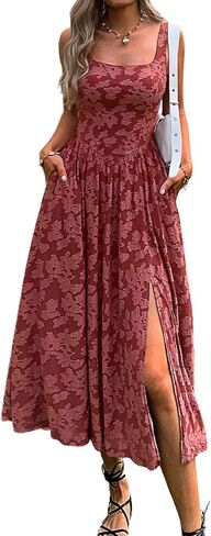 Mieazom Women's Summer Floral Boho Flowy Slit Maxi Dress Square Neck Drop Waist Beach Vacation Long Sundress with Pockets in Saudi Arabia