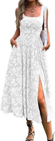 Mieazom Women's Summer Floral Boho Flowy Slit Maxi Dress Square Neck Drop Waist Beach Vacation Long Sundress with Pockets in Saudi Arabia