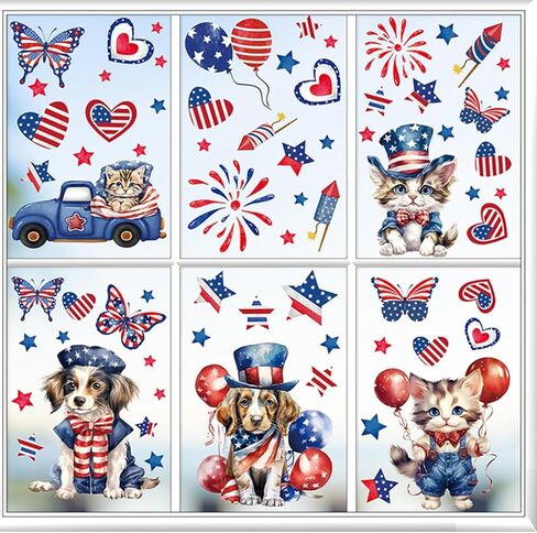 9 Sheets Patriotic Window Clings Independence Day Window Stickers Cute Truck Fireworks Cat Dog American Flag Window Decals Memorial Day Decoration 4th of July Window Stickers for Home School Party in Saudi Arabia
