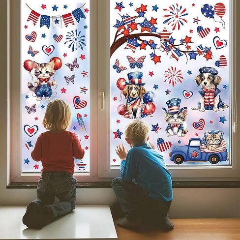 9 Sheets Patriotic Window Clings Independence Day Window Stickers Cute Truck Fireworks Cat Dog American Flag Window Decals Memorial Day Decoration 4th of July Window Stickers for Home School Party in Saudi Arabia