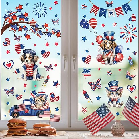 9 Sheets Patriotic Window Clings Independence Day Window Stickers Cute Truck Fireworks Cat Dog American Flag Window Decals Memorial Day Decoration 4th of July Window Stickers for Home School Party in Saudi Arabia