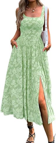 Mieazom Women's Summer Floral Boho Flowy Slit Maxi Dress Square Neck Drop Waist Beach Vacation Long Sundress with Pockets in Saudi Arabia