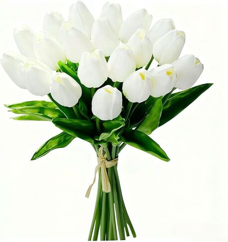 20Pcs Fake Tulips Artificial Flowers Real Touch 13.5" PU Faux Flowers Tulip Stems for Wedding Spring Bouquet Floral Arrangement Home Party Office Decorations for Mother's Day (White) in Saudi Arabia