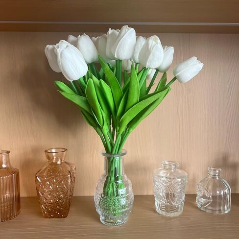 20Pcs Fake Tulips Artificial Flowers Real Touch 13.5" PU Faux Flowers Tulip Stems for Wedding Spring Bouquet Floral Arrangement Home Party Office Decorations for Mother's Day (White) in Saudi Arabia