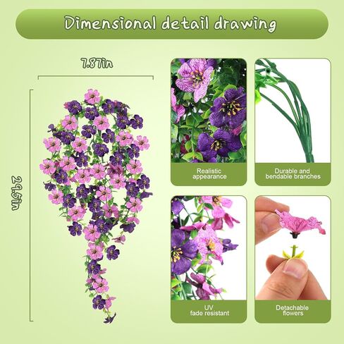 Artificial Hanging Flowers for Outdoors, 6PCS Faux Silk Artificial Flowers for Outdoors, UV Resistant Fake Flowers, No Fade Trailing Greenery, Decor for Home Porch Patio Balcony Garden Yard in Kuwait