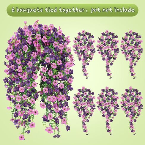 Artificial Hanging Flowers for Outdoors, 6PCS Faux Silk Artificial Flowers for Outdoors, UV Resistant Fake Flowers, No Fade Trailing Greenery, Decor for Home Porch Patio Balcony Garden Yard in Kuwait
