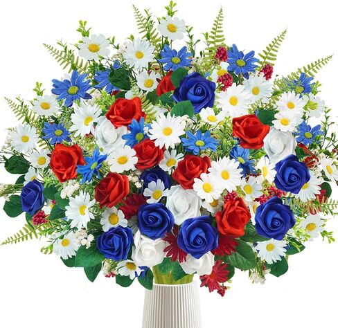 4 Bundles Patriotic Artificial Flowers, 4th of July Red White and Blue Flowers Patriotic Silk Rose Floral Arrangement for 4th of July Decorations Memorial Day Home Centerpieces in Saudi Arabia