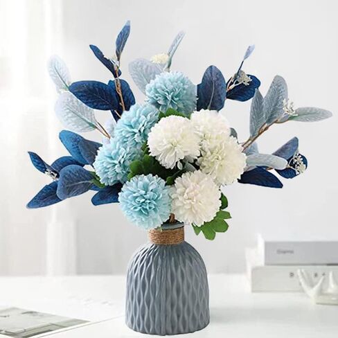 LADADA Blue Artificial Flower Bouquet in Ceramic Vase, White and Blue Ball Chrysanthemum with Eucalyptus, Minimalist Desk Decor for Office Home Centerpiece in Saudi Arabia