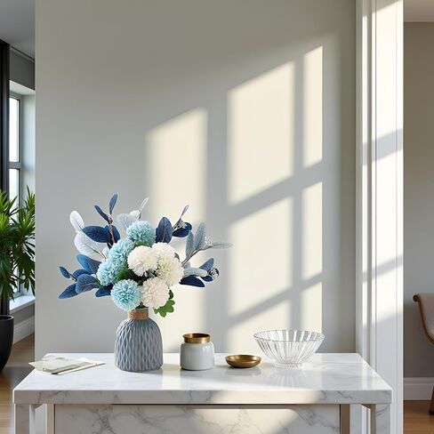 LADADA Blue Artificial Flower Bouquet in Ceramic Vase, White and Blue Ball Chrysanthemum with Eucalyptus, Minimalist Desk Decor for Office Home Centerpiece in Saudi Arabia