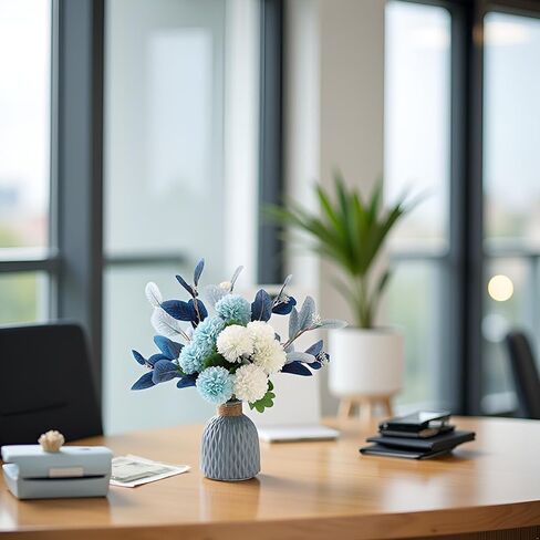 LADADA Blue Artificial Flower Bouquet in Ceramic Vase, White and Blue Ball Chrysanthemum with Eucalyptus, Minimalist Desk Decor for Office Home Centerpiece in Saudi Arabia