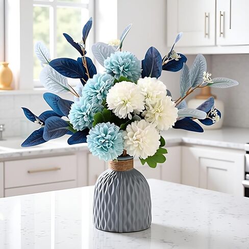 LADADA Blue Artificial Flower Bouquet in Ceramic Vase, White and Blue Ball Chrysanthemum with Eucalyptus, Minimalist Desk Decor for Office Home Centerpiece in Saudi Arabia