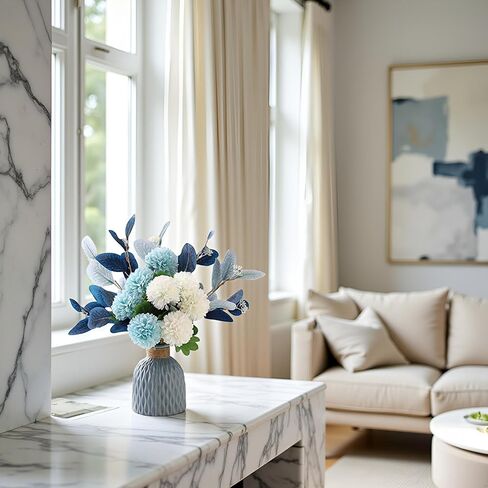 LADADA Blue Artificial Flower Bouquet in Ceramic Vase, White and Blue Ball Chrysanthemum with Eucalyptus, Minimalist Desk Decor for Office Home Centerpiece in Saudi Arabia