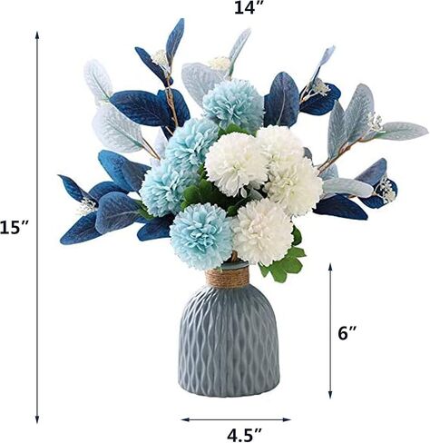 LADADA Blue Artificial Flower Bouquet in Ceramic Vase, White and Blue Ball Chrysanthemum with Eucalyptus, Minimalist Desk Decor for Office Home Centerpiece in Saudi Arabia