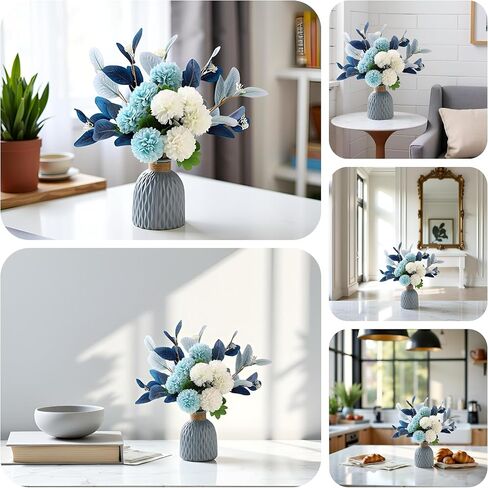 LADADA Blue Artificial Flower Bouquet in Ceramic Vase, White and Blue Ball Chrysanthemum with Eucalyptus, Minimalist Desk Decor for Office Home Centerpiece in Saudi Arabia