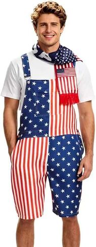 American Flag Overalls Denim Bib Patriotic Rompers Adjustable Straps Shorts Jumpsuit in Kuwait