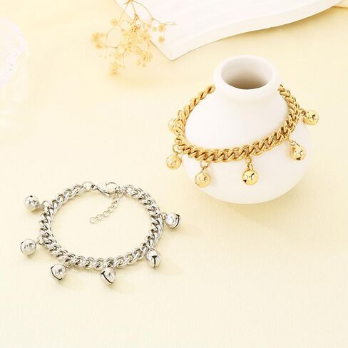 OIDIMS Jingling Bell سوار سحر للنساء وصلة كوبية مكتنزة مطلية بالذهب سلسلة قابلة للتعديل سوار عتيق أصوات متدلية أجراس الخرز شرابة الإسورة أزياء بسيطة مجوهرات غجرية هندية in Kuwait