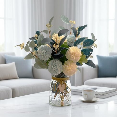 LADADA Blue Artificial Flower Bouquet in Ceramic Vase, White and Blue Ball Chrysanthemum with Eucalyptus, Minimalist Desk Decor for Office Home Centerpiece in Saudi Arabia