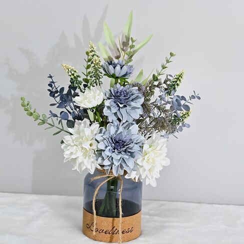 LADADA Blue Artificial Flower Bouquet in Ceramic Vase, White and Blue Ball Chrysanthemum with Eucalyptus, Minimalist Desk Decor for Office Home Centerpiece in Saudi Arabia